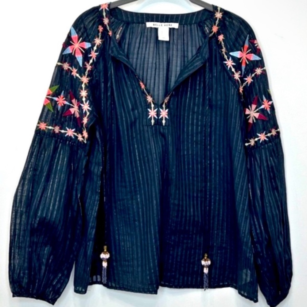 Elegant Navy Blouse with Floral Embroidery